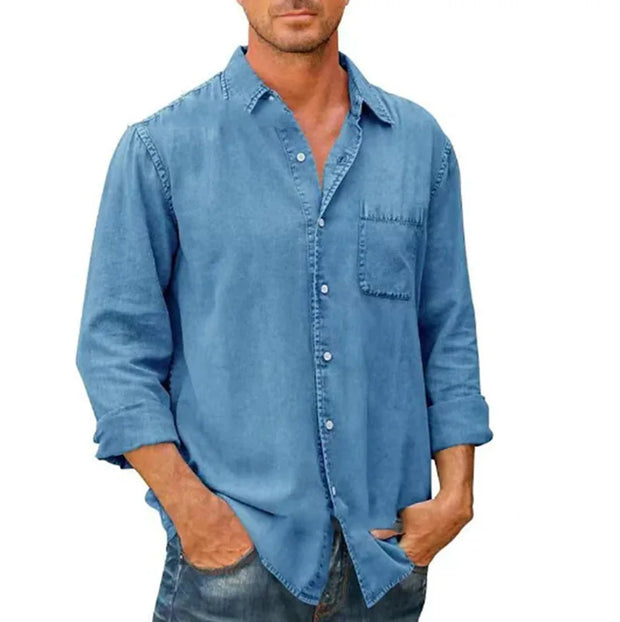 2023 Spring Autumn New Mens Denim Long Sleeve Button Down Pocket Shirt Retro Work Male Slim Fit Solid Color Casual Fashion Tops