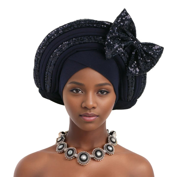 Pre-Tied Africa Braid Aso Oke Auto Gele Headtie Already Made Nigerian Turbans for Women African Head Wrap Bonnet for Party 1Set