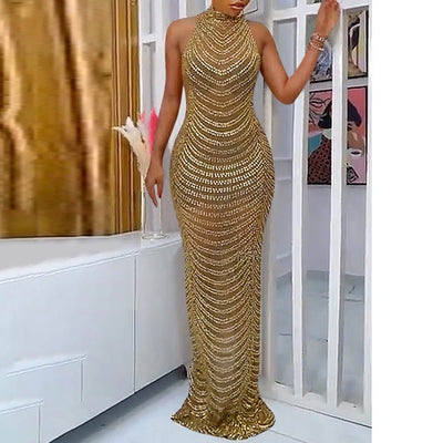 Sexy Backless Bodycon Slit Dresses Black Gold Mesh Rhinestone Long Maxi Dress See Through Night Club Outfits Evening Gowns Party