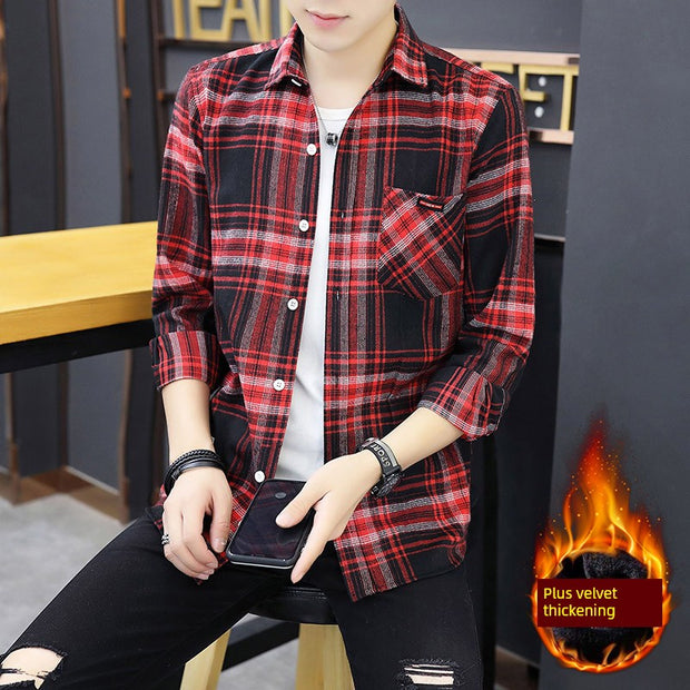 Long sleeve Shirts Men's Plaid Trendy Brand New Autumn and Winter Fleece-lined Korean Style Loose Casual Shirt Hong Kong Style Clothes