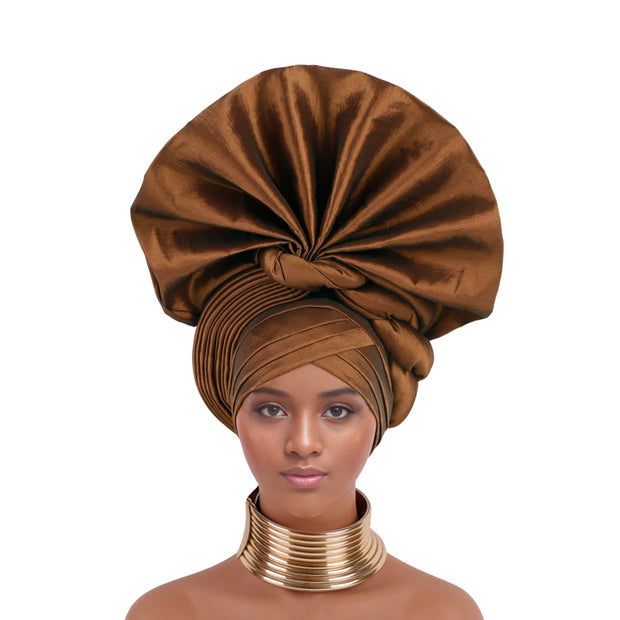 African Female Turban Cap Women Auto gele Headtie Nigeria Raw Silk Fan Gele Wedding Headdress Party Head Wraps Headwear Turbante