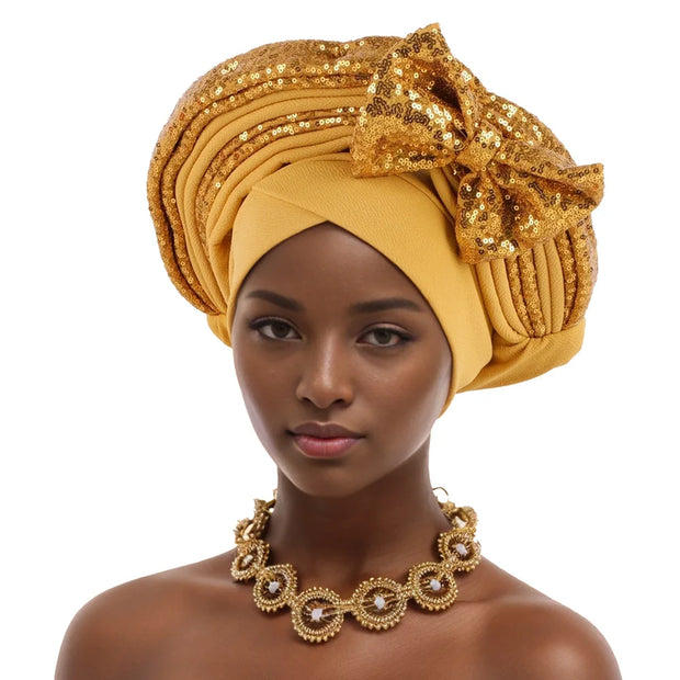 Pre-Tied Africa Braid Aso Oke Auto Gele Headtie Already Made Nigerian Turbans for Women African Head Wrap Bonnet for Party 1Set