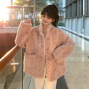 New Women Velvet Jackets Fall Winter Thicken Warm Loose Pocket Oversized Plush Coats Retro Casual Harajuku Office Lady Outwear