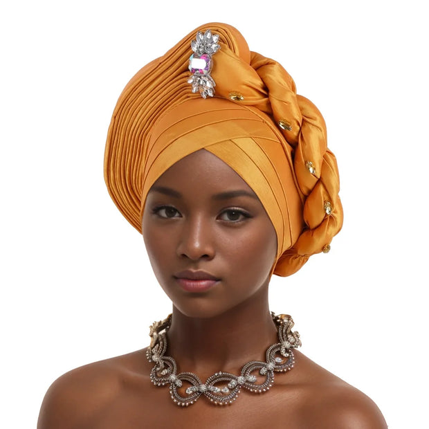 Pre-Tied Africa Braid Aso Oke Auto Gele Headtie Already Made Nigerian Turbans for Women African Head Wrap Bonnet for Party 1Set