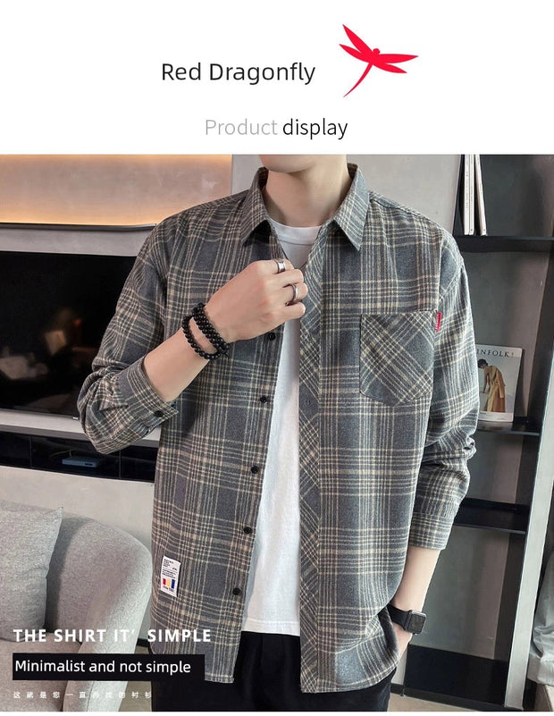 Red Dragonfly Plaid Shirt Men's Shirt Clothes Autumn and Winter New Trendy Casual Long Sleeve Shirt Coat Men's Clothing