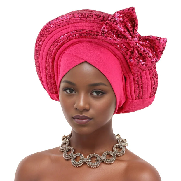 Pre-Tied Africa Braid Aso Oke Auto Gele Headtie Already Made Nigerian Turbans for Women African Head Wrap Bonnet for Party 1Set