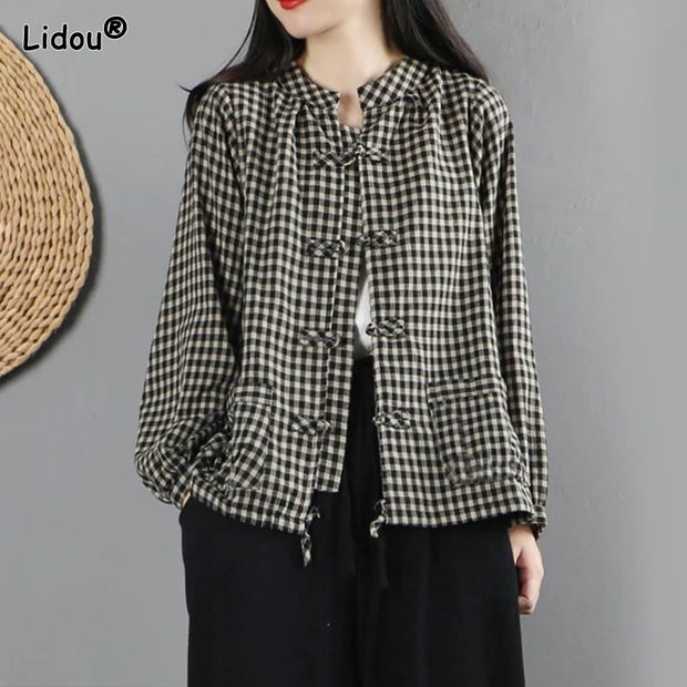 2023 New Spring and Autumn Art Retro Standing Collar Panel Buckle Plaid Printed Simple Casual Loose Oversized Ethnic Style Coat