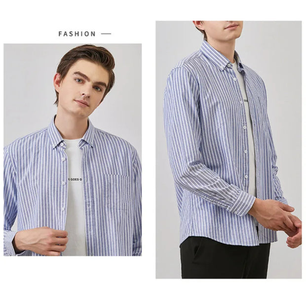 Mens Vertical Striped Shirts Pure Cotton Regular Fit Oxford Dress Shirt Male Button Down Long Sleeve Casual Shirts with Pocket