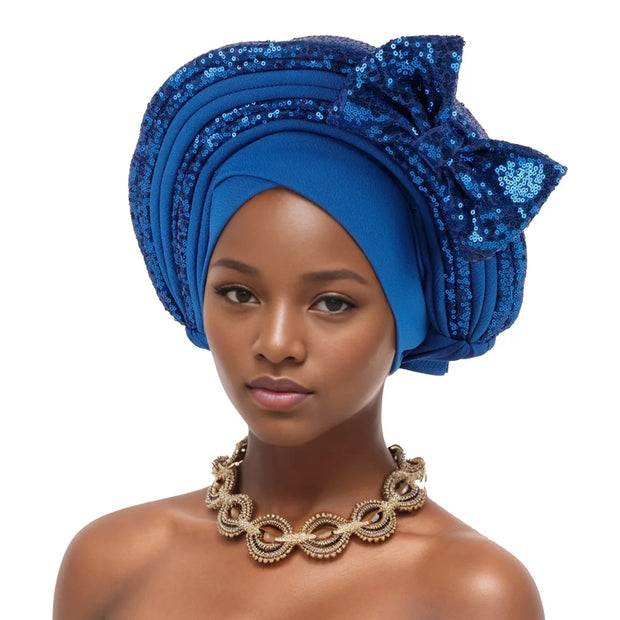 Pre-Tied Africa Braid Aso Oke Auto Gele Headtie Already Made Nigerian Turbans for Women African Head Wrap Bonnet for Party 1Set