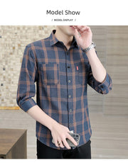 Plaid Shirts Men's Spring and Autumn Winter New Casual Popular Long sleeve Shirt Handsome Youth Cropped Half Sleeve Shirt