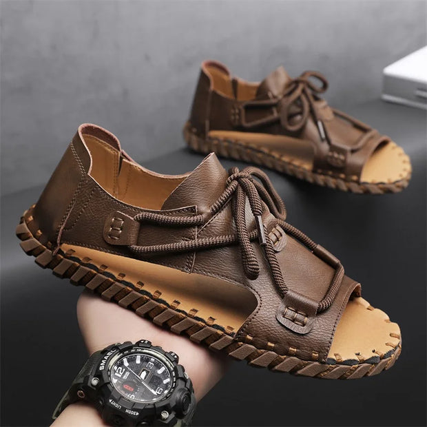 2024 Summer Mens Casual Sandals Fashion Round Toe Beach Man Sandals Comfort Soft Bottom Pu Leather Microfiber Handmade Stitching