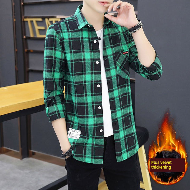 Long sleeve Shirts Men's Plaid Trendy Brand New Autumn and Winter Fleece-lined Korean Style Loose Casual Shirt Hong Kong Style Clothes