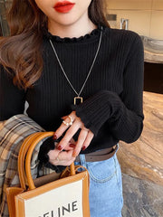 2024 Elegant Solid Basic Knitted Tops Women Turtlneck Sweater Casual Slim Pullover Korean Fashion Simple Chic Ruched Clothes