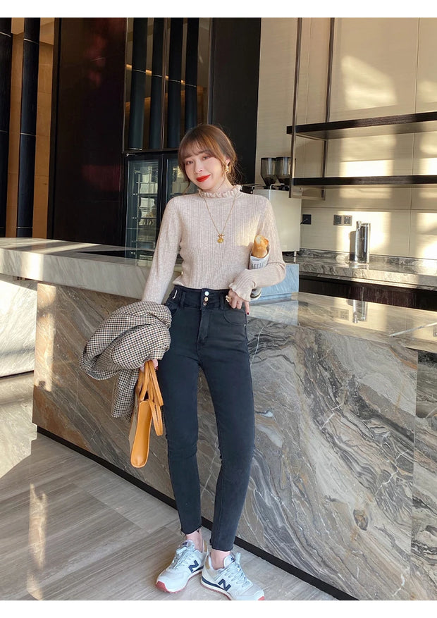 2024 Elegant Solid Basic Knitted Tops Women Turtlneck Sweater Casual Slim Pullover Korean Fashion Simple Chic Ruched Clothes