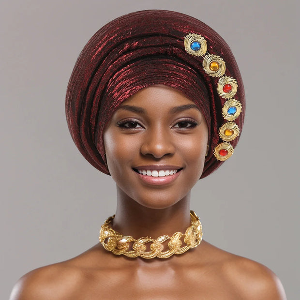 Nigerian Wedding Geles African Headtie Auto Gele Turbans for Women Aso Oke Fabric Muslim Headwear Headpiece Female Head Wraps