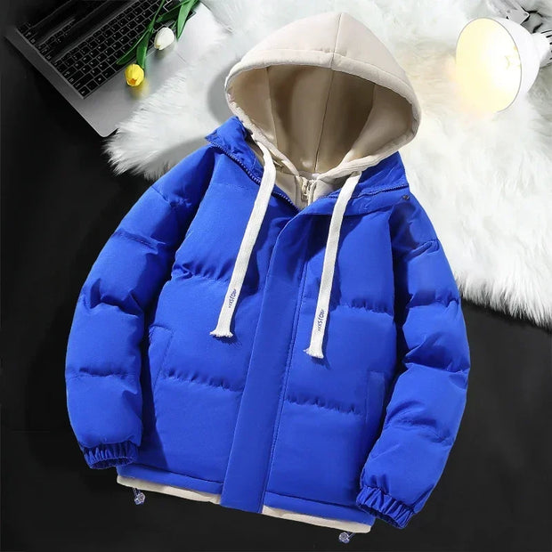 Men Hooded Cotton Coat2024 New Casual Hooded Fake Two-piece Design Down Cotton Warm Parka Korean Style Thick Men's Winter Jacket