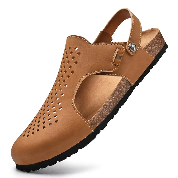 2024 Men Genuine Leather Shoes Men's Sandals Durable Handmade Stitching Close Toe Non Slip Shoes For Indoor Outdoor Beach