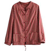 2023 New Spring and Autumn Art Retro Standing Collar Panel Buckle Plaid Printed Simple Casual Loose Oversized Ethnic Style Coat