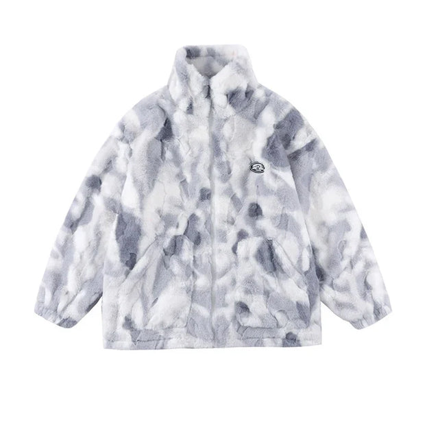 New Women's Tie Dye Lamb Fleece Jacket Autumn Winter Zipper Outerwear Warm Plush Jackets Harajuku Casual Loose Female Thick Coat