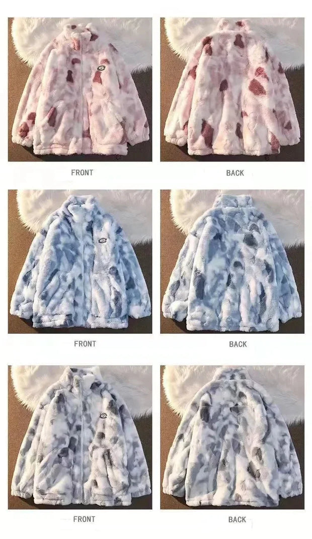 New Women's Tie Dye Lamb Fleece Jacket Autumn Winter Zipper Outerwear Warm Plush Jackets Harajuku Casual Loose Female Thick Coat