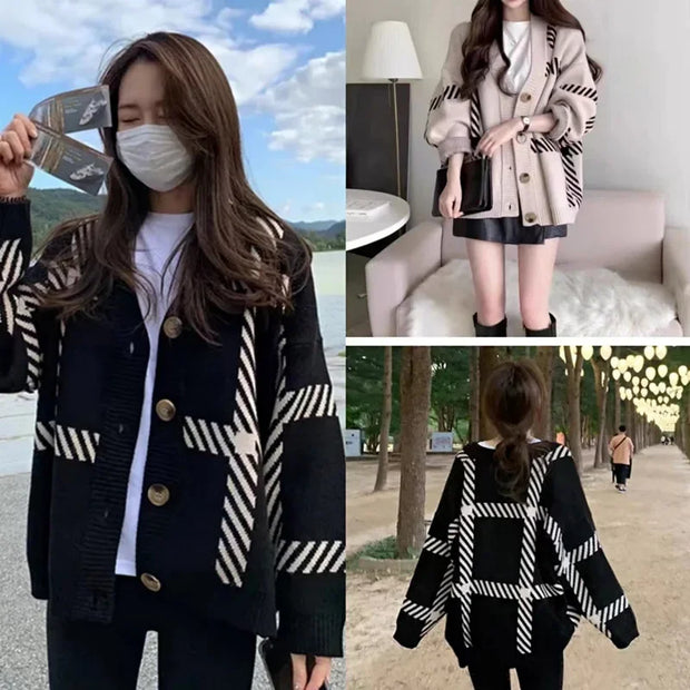 2024 New Black Striped Knitted Cardigan Loose Fit Idle Style Simple Versatile Sweater Jacket For Women Spring Autumn Korean Vers