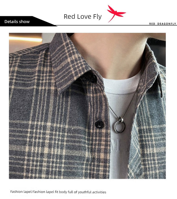 Red Dragonfly Plaid Shirt Men's Shirt Clothes Autumn and Winter New Trendy Casual Long Sleeve Shirt Coat Men's Clothing