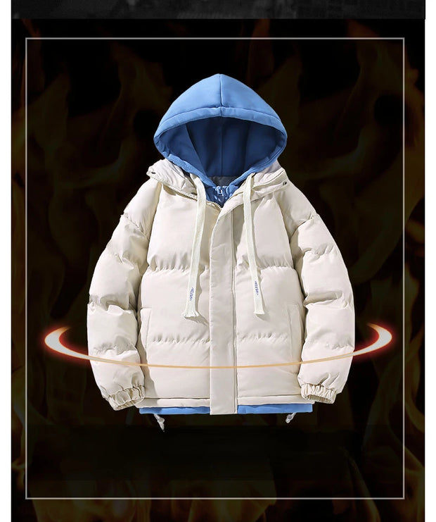 Men Hooded Cotton Coat2024 New Casual Hooded Fake Two-piece Design Down Cotton Warm Parka Korean Style Thick Men's Winter Jacket