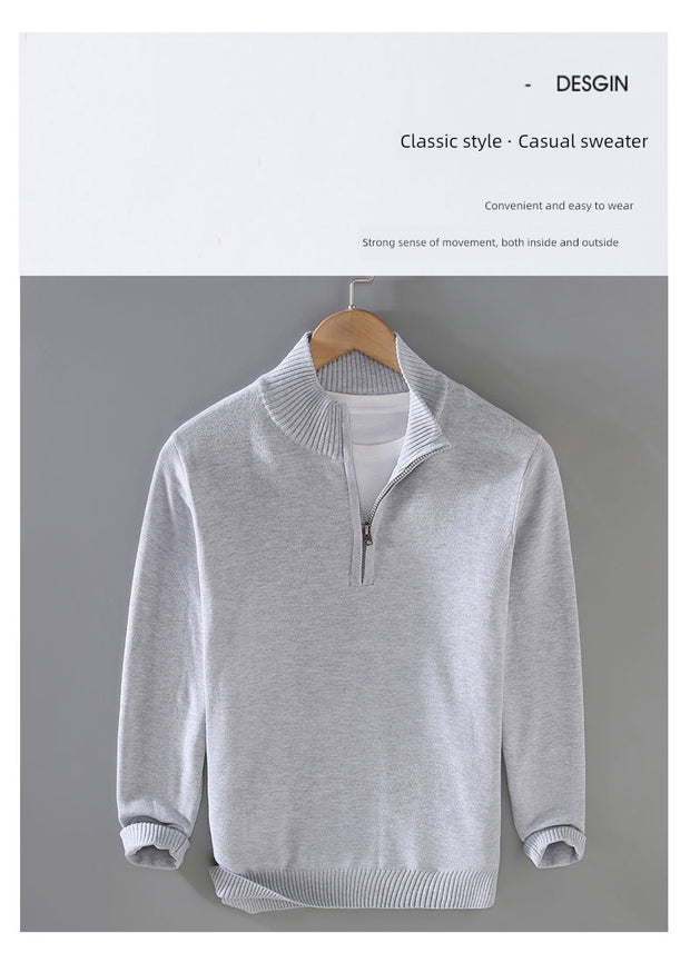 Half-Open Zipped Stand Collar Cotton Casual Sweater Sweater