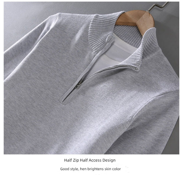 Half-Open Zipped Stand Collar Cotton Casual Sweater Sweater