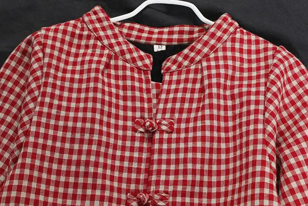 2023 New Spring and Autumn Art Retro Standing Collar Panel Buckle Plaid Printed Simple Casual Loose Oversized Ethnic Style Coat