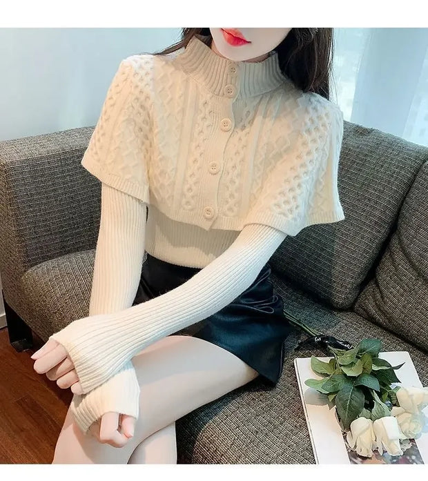 2024 New Women's Autumn/Winter Long Sleeve Cable Knit Top Stylish Knitted Pullovers 2-Piece Set Base Layer Top