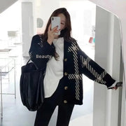 2024 New Black Striped Knitted Cardigan Loose Fit Idle Style Simple Versatile Sweater Jacket For Women Spring Autumn Korean Vers