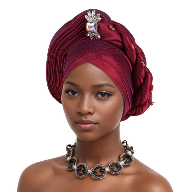 Pre-Tied Africa Braid Aso Oke Auto Gele Headtie Already Made Nigerian Turbans for Women African Head Wrap Bonnet for Party 1Set