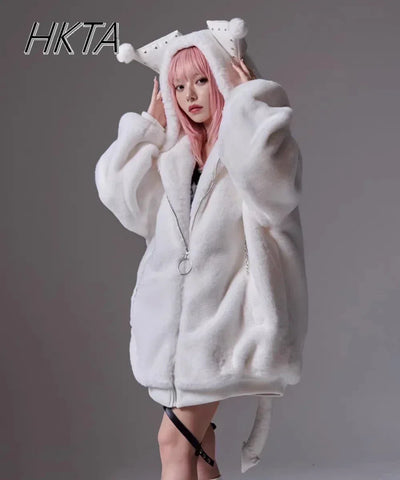 Japanese Harajuku Mine Subculture Plush Jacket Cute Lolita Furry Jacket Autumn and Winter Girls Warm Thickened Fur Coat Women