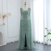 Sharon Said Luxury Arabic Turquoise Evening Dress with Cape Sleeves Sqaure Neck for Dubai Wedding Party Gowns SS469 Customized