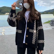 2024 New Black Striped Knitted Cardigan Loose Fit Idle Style Simple Versatile Sweater Jacket For Women Spring Autumn Korean Vers