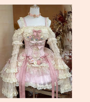 Autumn Spring Sweet Lolita Sleeveless Rose Patch Lace Light Lolita Dress Pink Fairy Ball Gown Dress