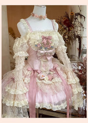 Autumn Spring Sweet Lolita Sleeveless Rose Patch Lace Light Lolita Dress Pink Fairy Ball Gown Dress