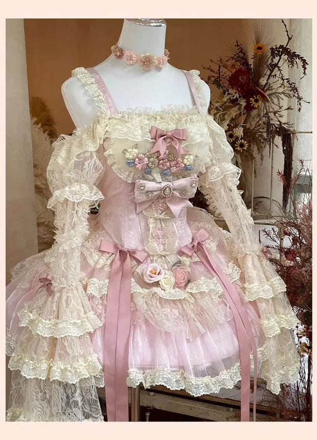 Autumn Spring Sweet Lolita Sleeveless Rose Patch Lace Light Lolita Dress Pink Fairy Ball Gown Dress