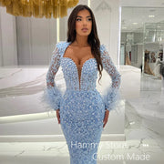 Light Blue Mermaid Evening Dress Customized Lace Applique Pearls Cocktail Party Gown Ankle Length Prom Dresses Custom Color