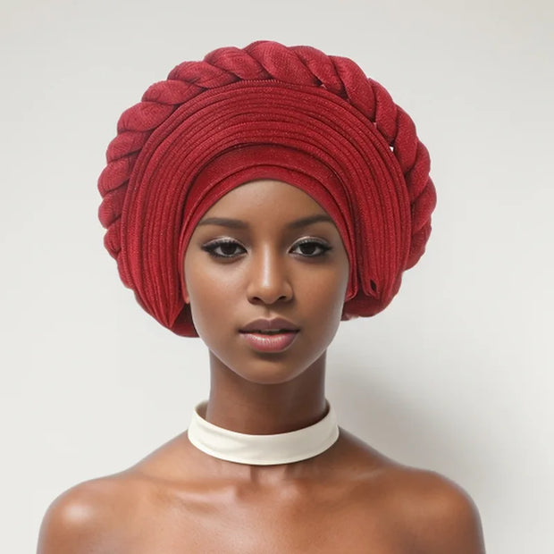 2025 New African Braid Auto Gele Wedding Party Head Wrap Muslim Women Hijab Bonnet Turban Cap Nigeria Already Made Aso Oke Hat