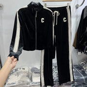 C Letter Plus Velvet Thick Knit Velvet Jacket Striped Splicing Wide Leg Pants Two-piece Set Elegant Women's Pants Set Tracksuits