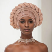 2025 New African Braid Auto Gele Wedding Party Head Wrap Muslim Women Hijab Bonnet Turban Cap Nigeria Already Made Aso Oke Hat