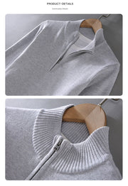 Half-Open Zipped Stand Collar Cotton Casual Sweater Sweater