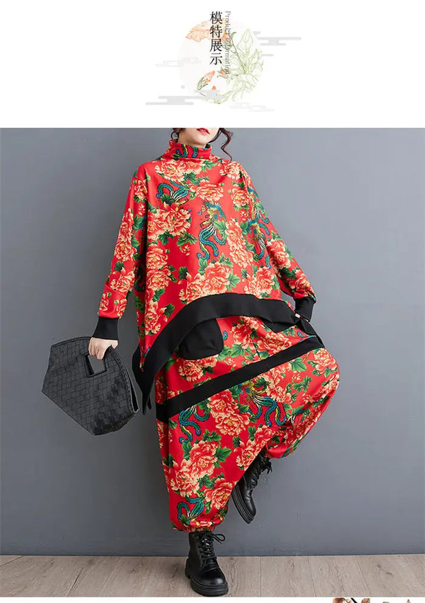 Design Retro Ethnic Style Two Piece Set Women Outfit 2024 Spring Casual Irregular Half High Neck Top + Harem Pants Suit Z4835