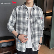 Red Dragonfly Plaid Shirt Men's Shirt Clothes Autumn and Winter New Trendy Casual Long Sleeve Shirt Coat Men's Clothing