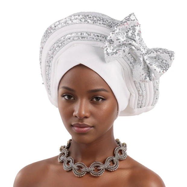 Pre-Tied Africa Braid Aso Oke Auto Gele Headtie Already Made Nigerian Turbans for Women African Head Wrap Bonnet for Party 1Set