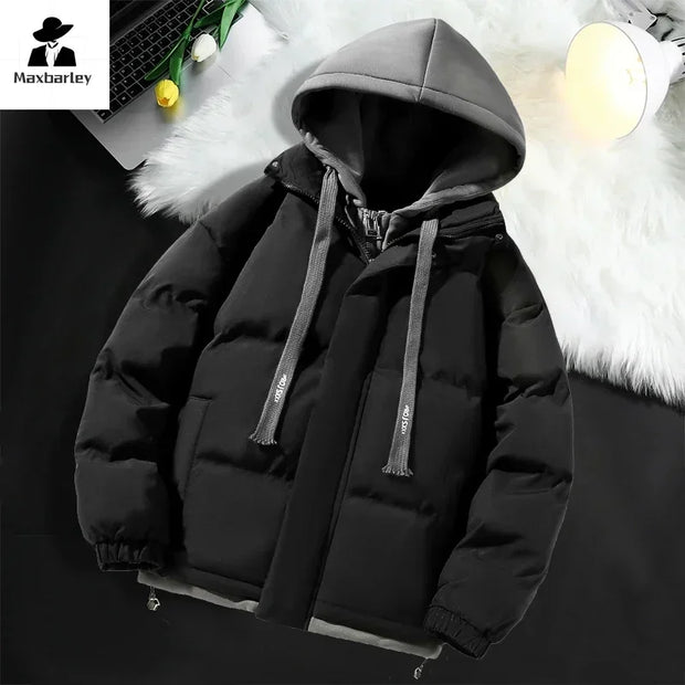 Men Hooded Cotton Coat2024 New Casual Hooded Fake Two-piece Design Down Cotton Warm Parka Korean Style Thick Men's Winter Jacket