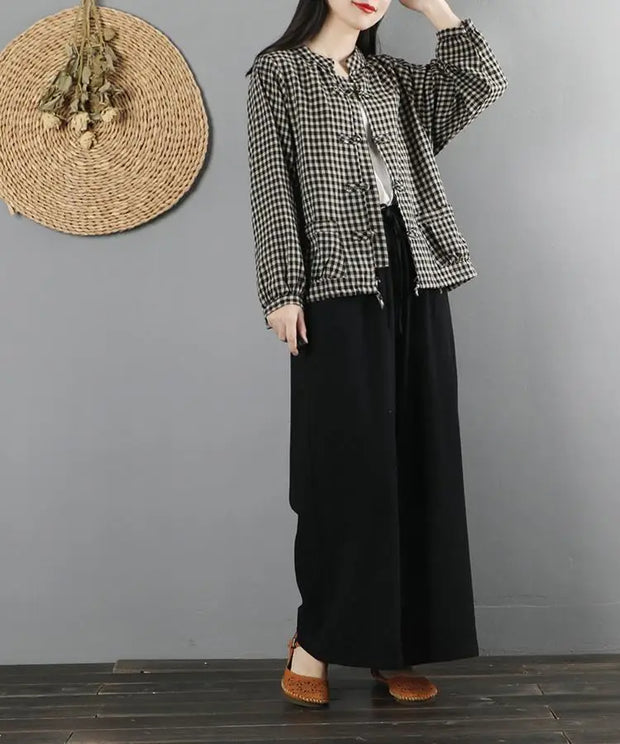 2023 New Spring and Autumn Art Retro Standing Collar Panel Buckle Plaid Printed Simple Casual Loose Oversized Ethnic Style Coat