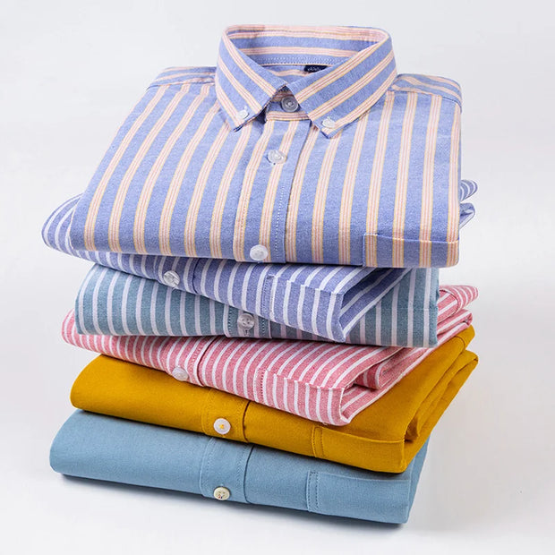 Mens Vertical Striped Shirts Pure Cotton Regular Fit Oxford Dress Shirt Male Button Down Long Sleeve Casual Shirts with Pocket